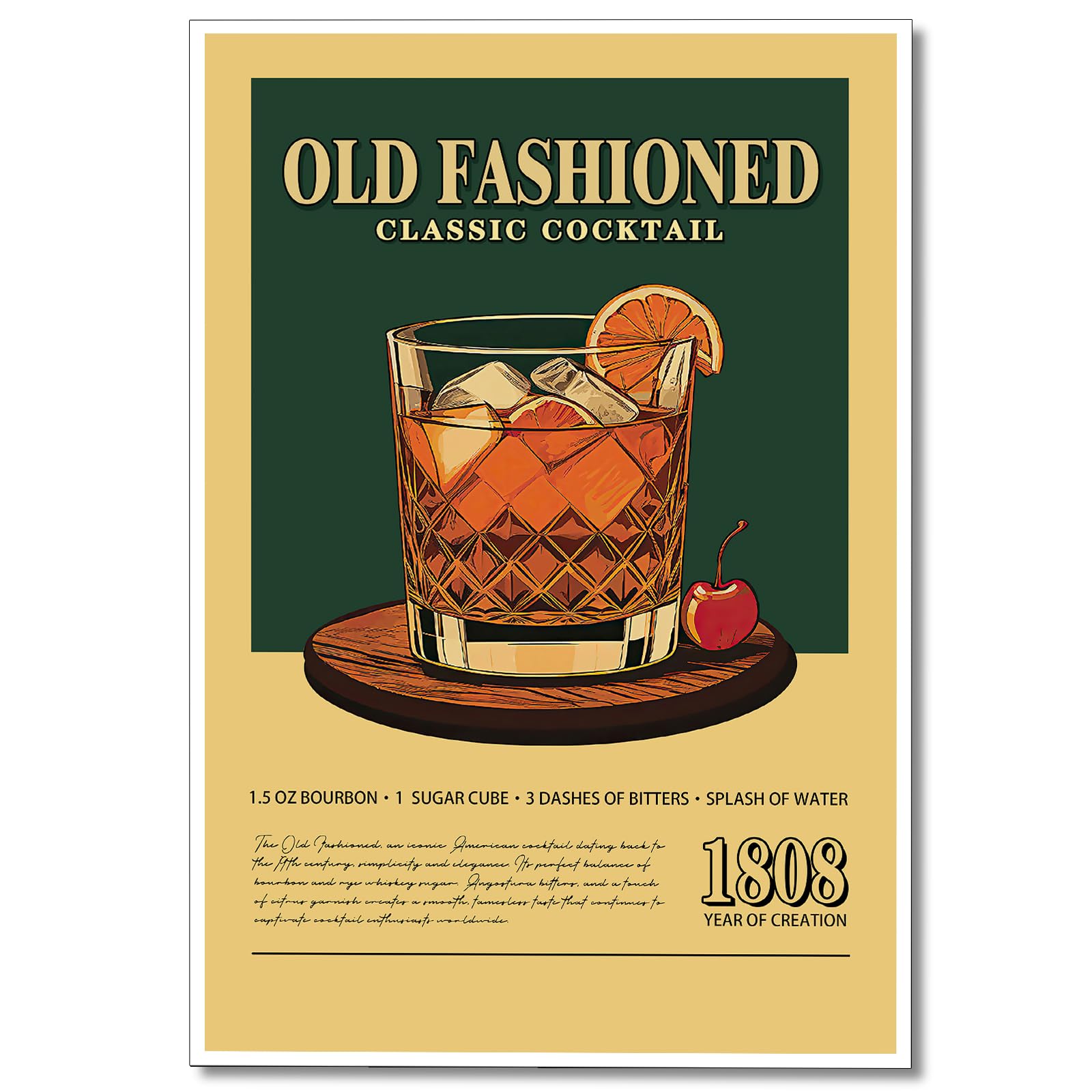 Anslipswar Old Fashioned Cocktail Print Poster, Retro Classic Cocktail Bar Cart Canvas Wall Art, Vintage Alcohol Whiskey Pictures for Wall Decor, Kitchen Home Bar Cart Club Decor 12x16in Unframed โ image 1