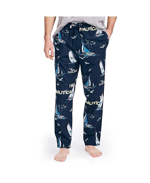 Nautica Men's Soft Woven 100% Cotton Elastic Waistband Sleep Pajama Pant, Sailboat Blue, Large