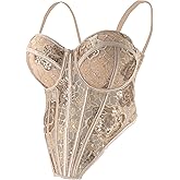 ELLACCI Women's Bustier Corset Top with Sequin Floral Lace Mesh Sheer Slimming Bodysuit Khaki
