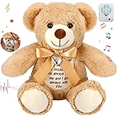 Silipull 12 Inch Bear Stuffed Animals with Voice Recorder Set 30 Seconds Voice Sound Recorder Module Soft Plush Remembrance Bear with Photo Pendant with Zipper Memorial Gifts(Brown)