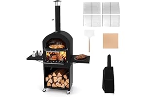 HAPPYGRILL Outdoor Wood Fired Pizza Oven w/Firewood Storage, Side Shelves, Patio Pizza Maker wi/Pizza Stone & Peel, 2 Cooking Grills & Thermometer, Portable Pizza Stove for Backyard Party Camping