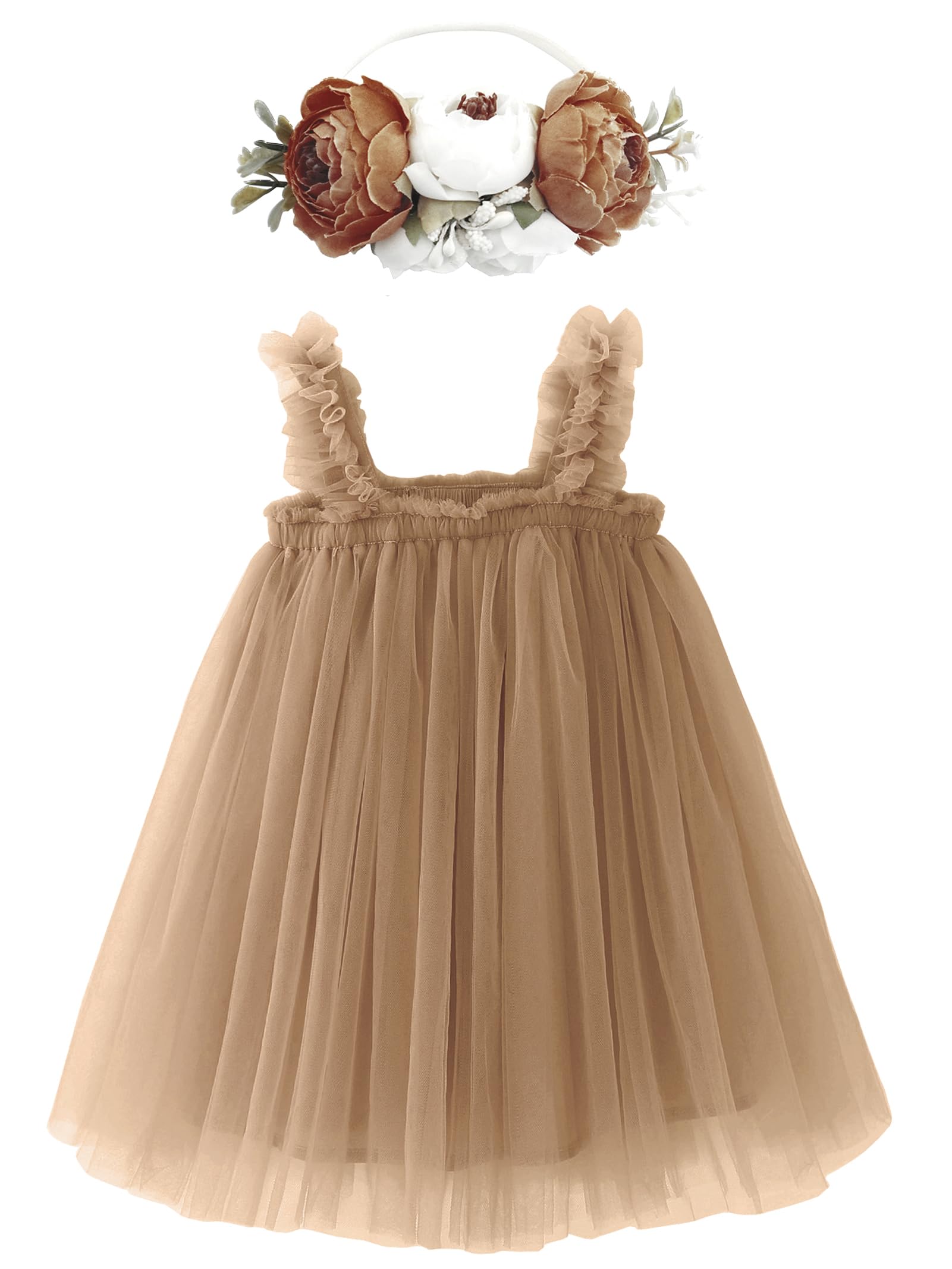 Photo 1 of BGFKS Layered Tulle Tutu Dress for Toddler Girls,Baby Girl Rainbow Tutu Princess Skirt Set with Flower Headband.(Camel,6 Months)
