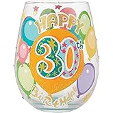 Enesco Lolita Designs Happy 30th Birthday Hand-Painted Artisan Stemless Wine Glass, 20 Ounce, Multicolor
