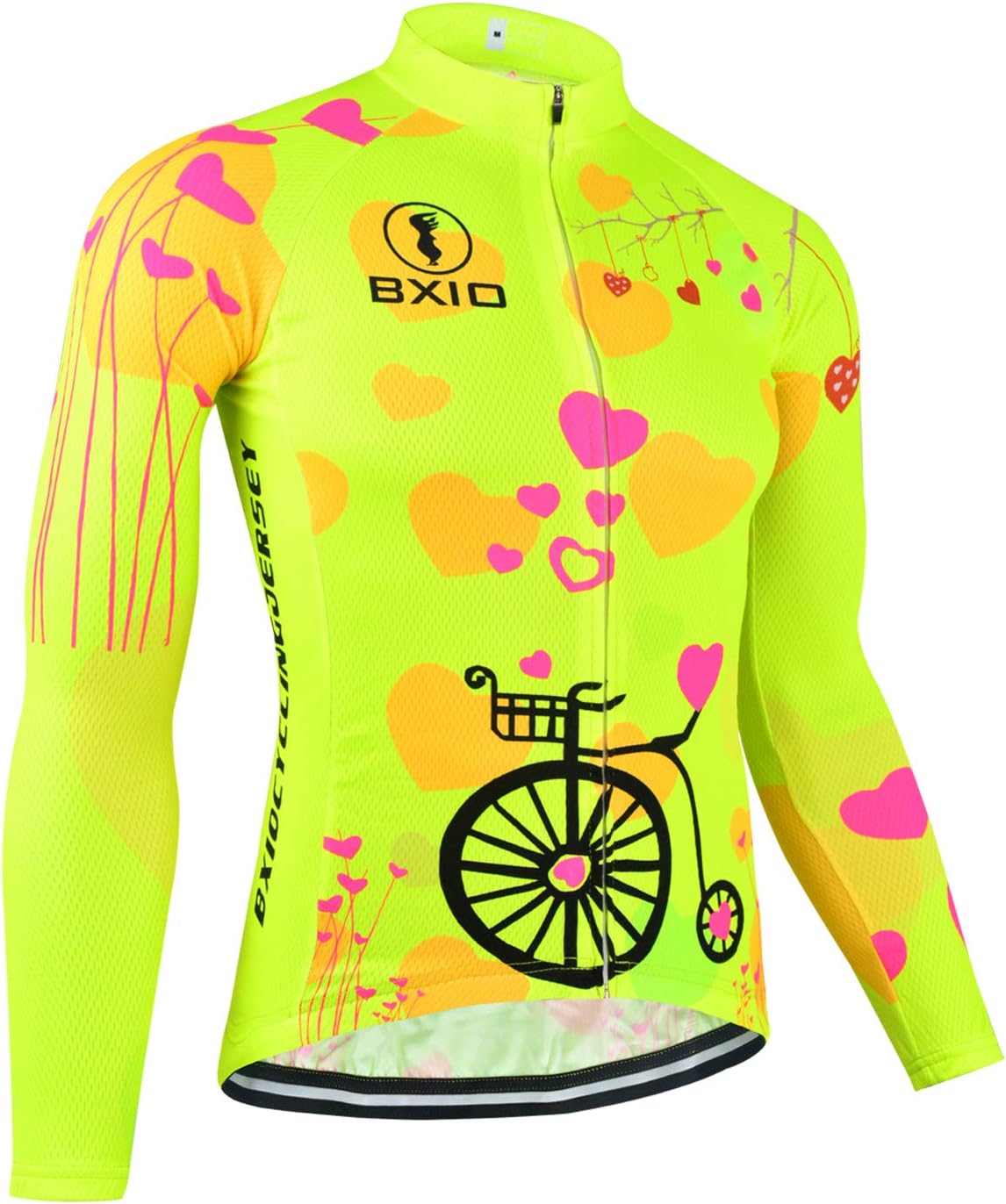 BXIO Women Fluo Yellow Cycling Jersey, Breathable Bike Clothing, Spring Cycling Long Top with Reflect Band, for MTB