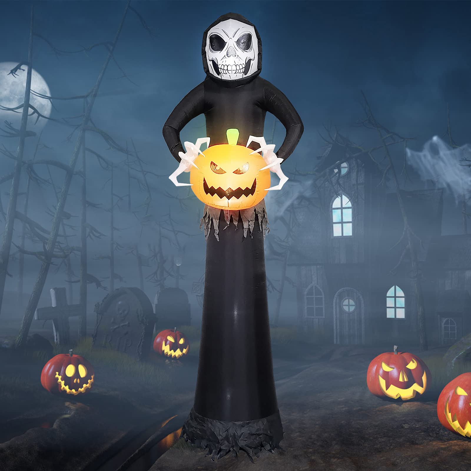 EBANKU 8.8 Ft Halloween Inflatables Ghosts with LED Lights, Sickle Ghost Pumpkin Grim Reaper Outdoor Indoor Decoration Yard Garden Veranda Party Decorations