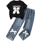 Verdusa Cute Outfits for Girls 10-12 Graphic Tees and Straight Leg Jeans Set with Bows Tween Girls Trendy Clothes