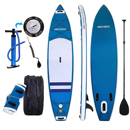 YUEBO Aufblasbares Sup Stand-up Paddel Board 15cm Dick, iSUP Paddle Board mit Pumpe + 3-TLG verstellbares Paddle + Fuß Spulel