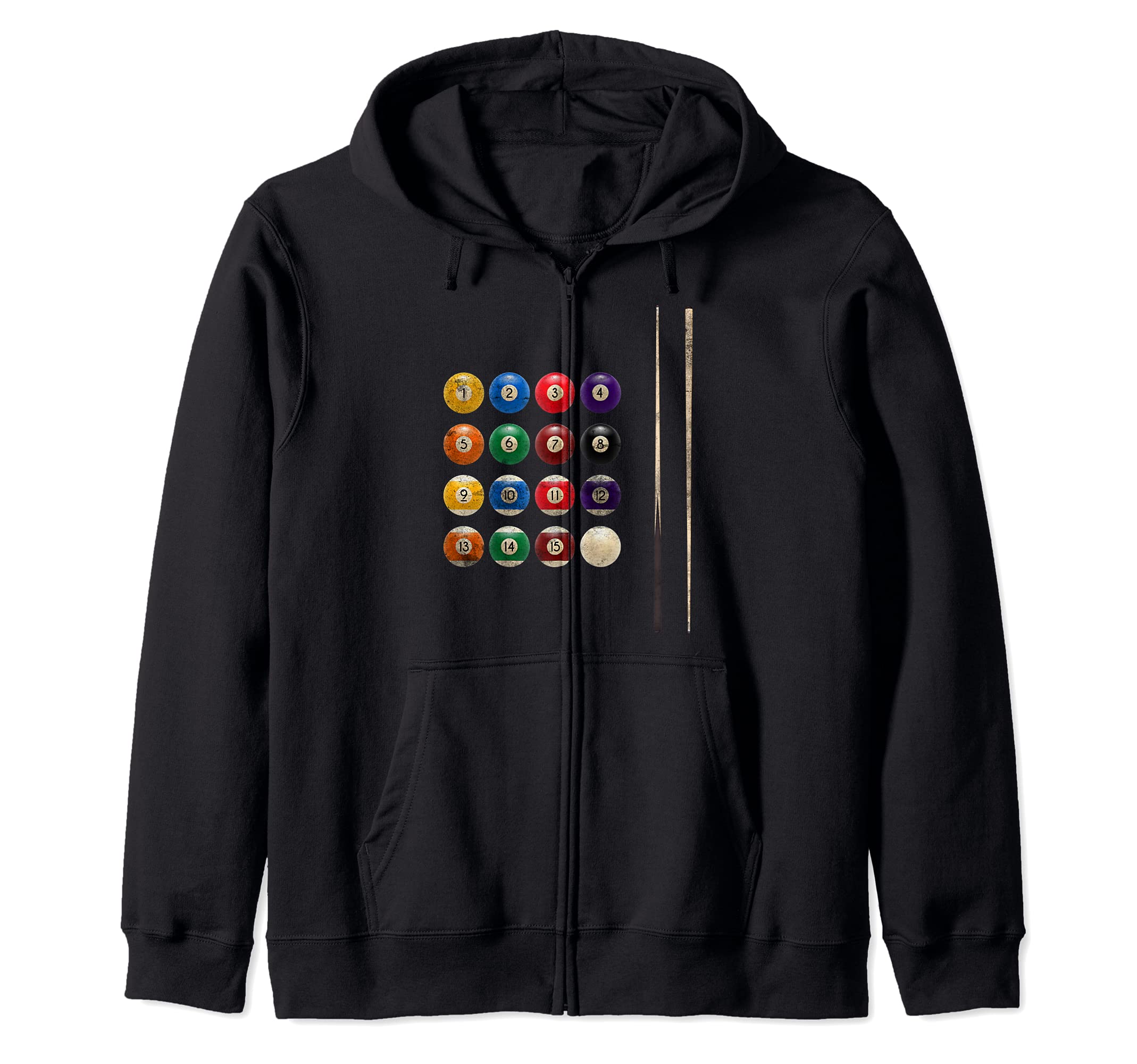 Billiard Balls Pool Player Cue Rack Distressed Design Sports Zip Hoodie