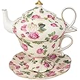 Gracie China by Coastline Imports 4-Piece Porcelain Tea for One, Stacked Teapot Cup Saucer, Pink Rose Bouquet Chintz