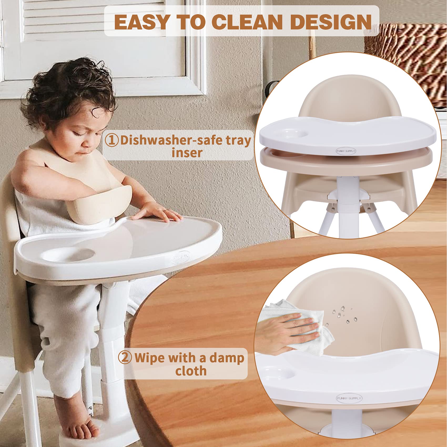 FUNNY SUPPLY 3-in-1 Cute Folding High Chair, High Chairs for Babies and Toddlers, Modern Space Saving Highchair with Removable Double Tray, Easy to Clean, Light Weight Baby Feeding Chair, Cream