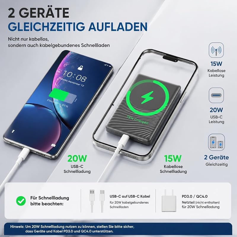 Ultra Slim iPhone Powerbank für Magsafe, Ntaanoo Magnetische Power Bank Induktives Laden 5000mAh, 20W Schnellladung Wireless Externe Handyakkus Kabelloses Akkupack für iPhone 17/16/15/14/13/12 Schwarz