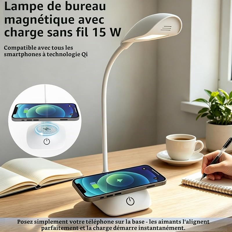 Lampe de Bureau LED avec Chargeur Sans Fil Magnétique MagSafe 15W, 3 Températures de Couleur et Dimmable, 600LM, CRI85, Col Ajustable, pour Home Office Étude Chambre, Blanc