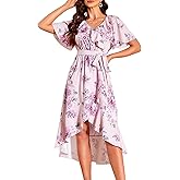 VIDUSSA Summer Floral Dress for Women - Boho V Neck Flutter Short Sleeve Belted Ruffle A-Line Flowy Midi Long Sun Dresses