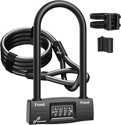 Sportneer Heavy Duty Bike Lock Set 4-Digit Resettable U-Lock with 5 Ft Cable