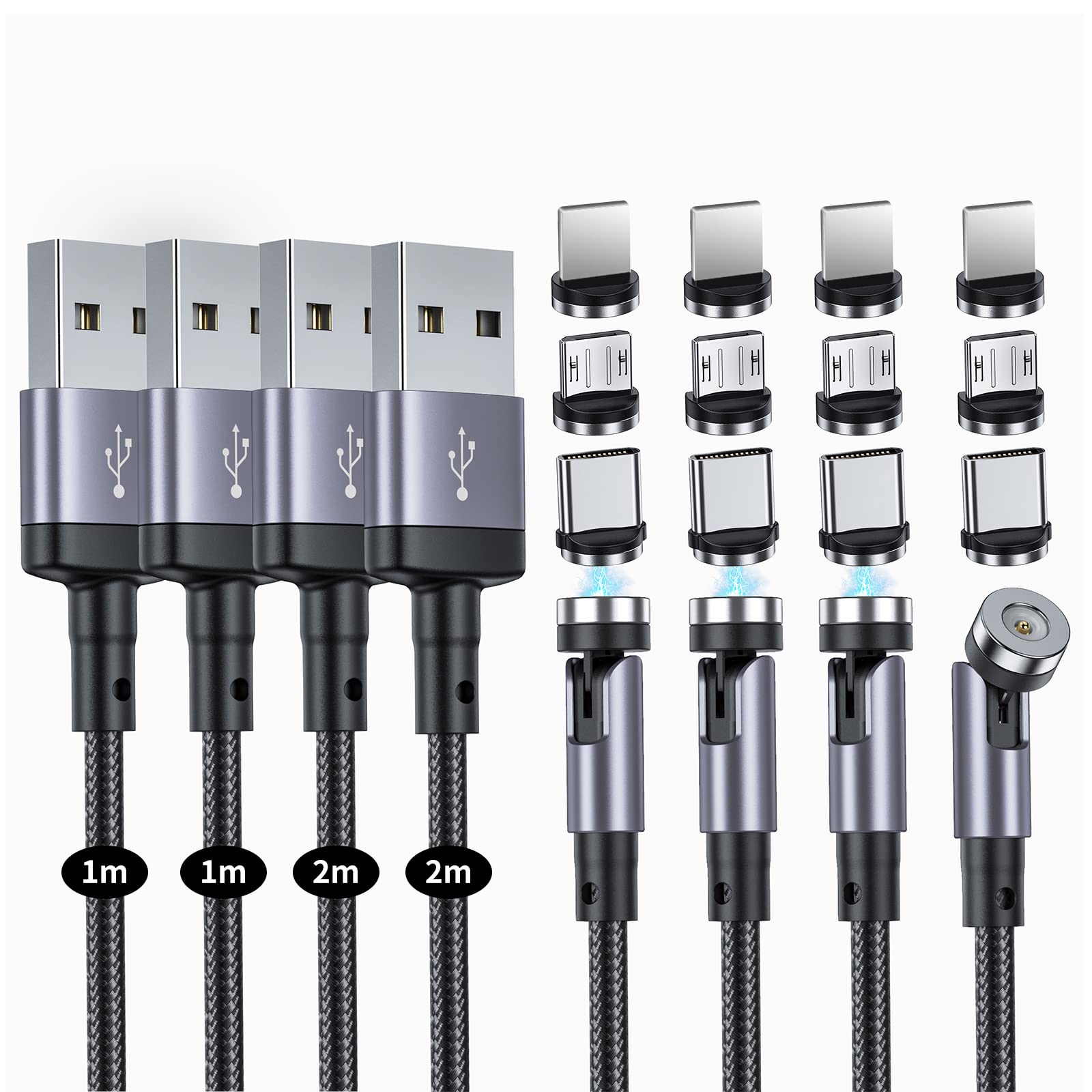 マグネット 充電ケーブル SUNTAIHO 3-in-1 USBマグネット式ケーブル 【4本（1M+1M+2M+2M）】360度+180度回転 磁石 磁気 防塵 着脱式 ライトニグ マイクロUSB Type-C コネクタ 快速充電器 android 等対応 - DZCX - ブラック商品画像