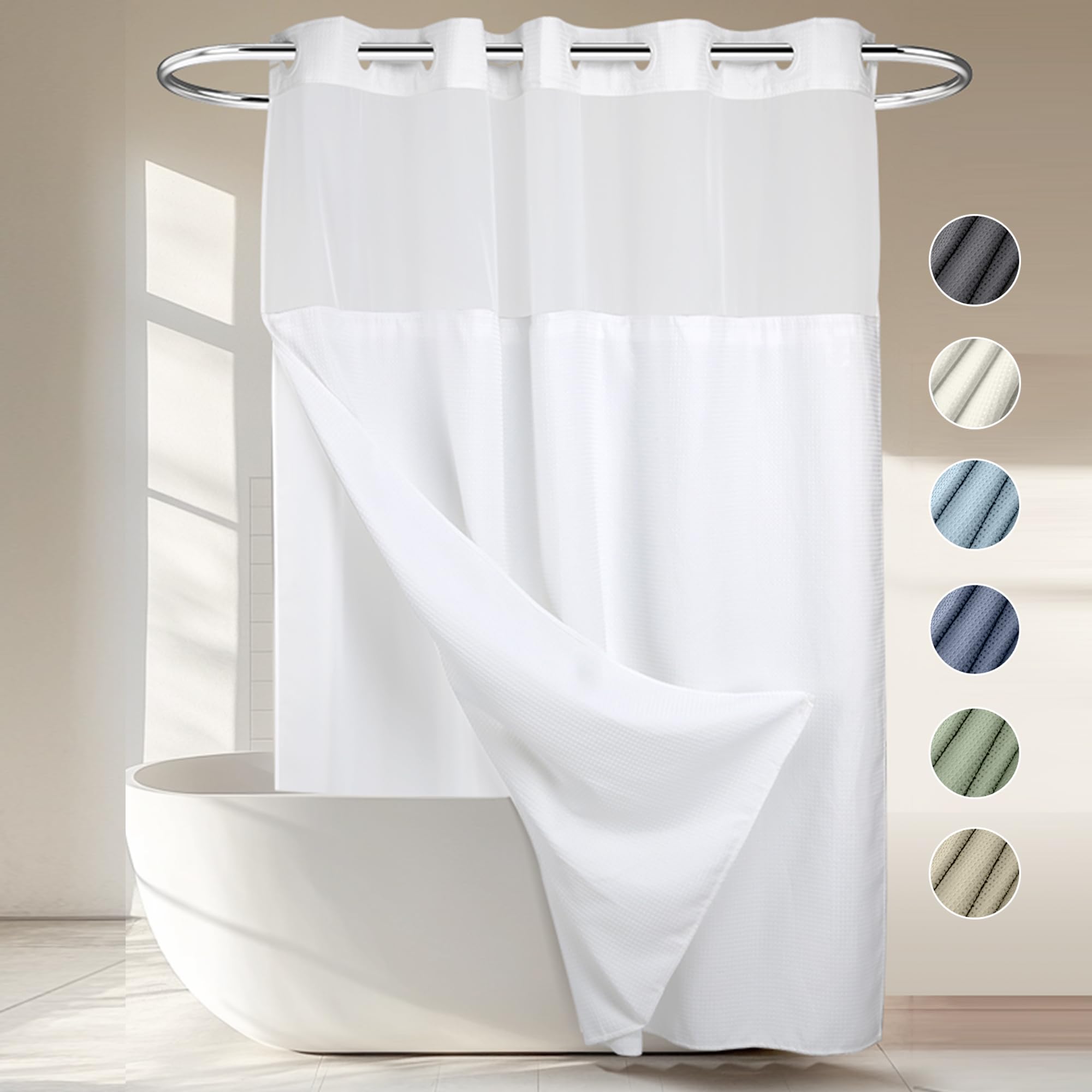 River Dream No Hooks Required Waffle Weave Shower Curtain with Snap in Liner - 71W x 74H,Hotel Grade,Spa Like Bath Curtain,White โ image 1
