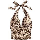 SweatyRocks Women's Summer Open Back Cheetah Print Ruched Going Out Fitted Halter Tanks Crop Top