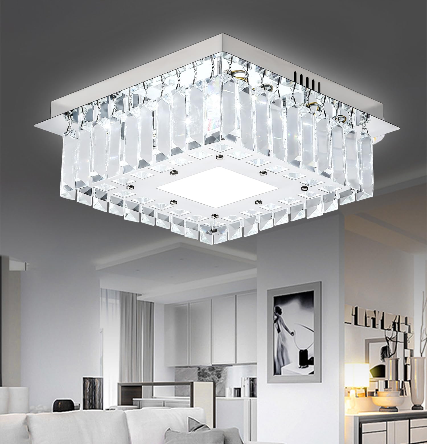 MOUFIER Modern 36W LED Crystal Ceiling Light Pendant Lamp, Flush Mount Crystal Chandeliers Fixture for Dining Room Bedroom Livingroom (Cool White)