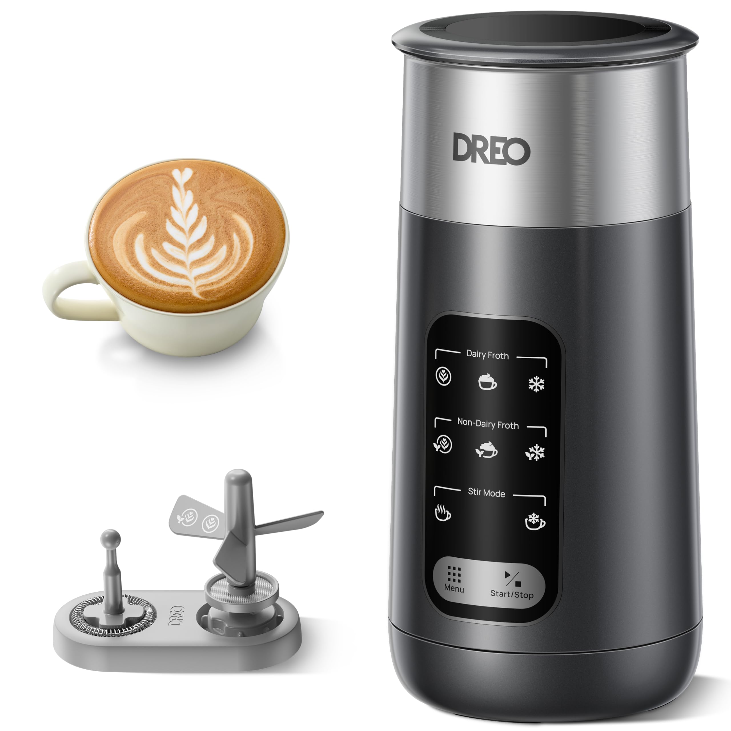 Photo 1 of DREO Milk Frother, 8-in-1 Electric Stainless Steel Frother for Latte Art Microfoam and Coffee, 9oz/270ml Warm and Cold Foam Automatic Frothers, LED, Easy to Clean