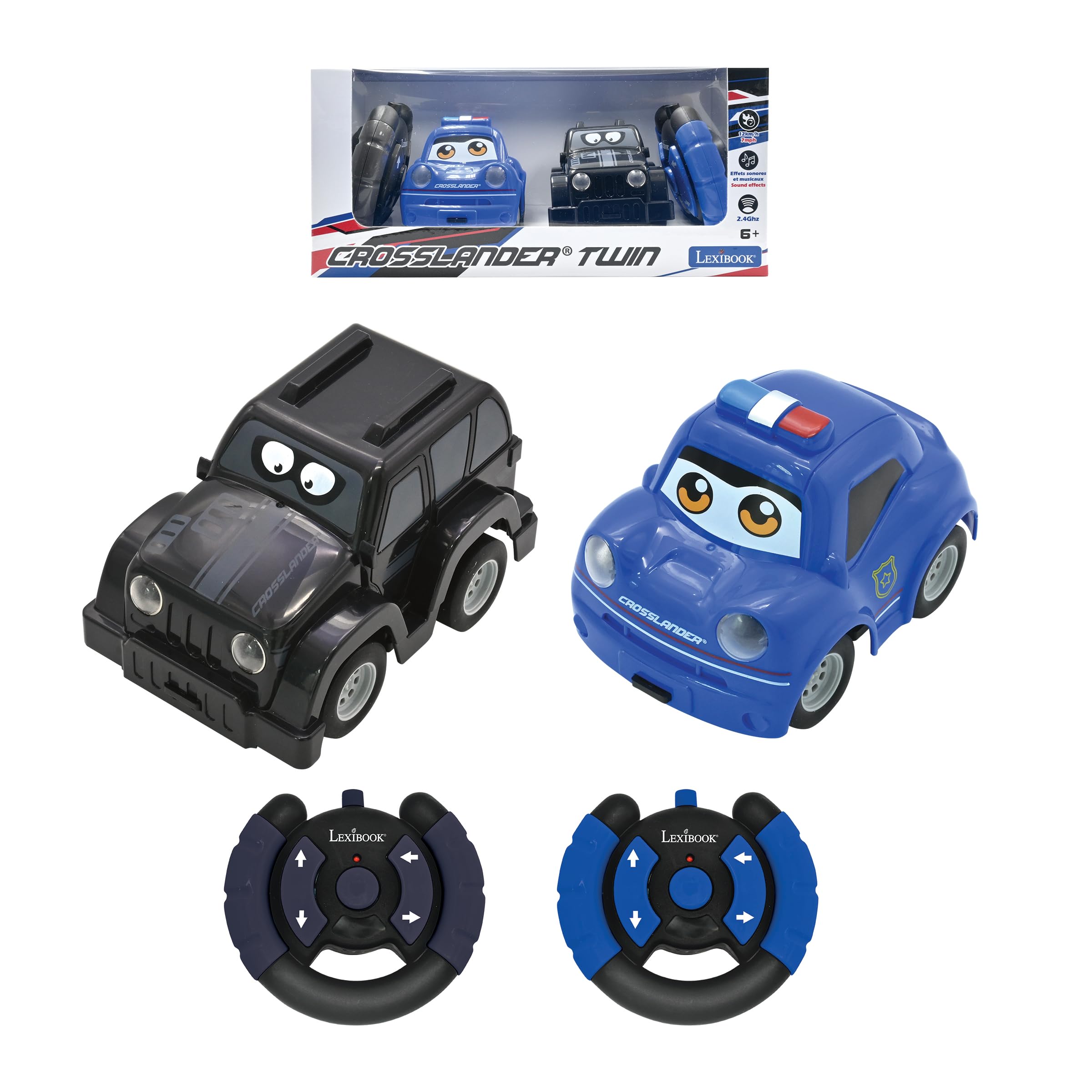 LEXIBOOK, Crosslander® Twin, Set of 2 Radio-controlled cars (Police car, Thief's car), up to 12km/h, sound and light effects, 2 remote controls, Black/blue, RC12