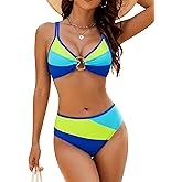 BMJL Women's Sexy Neon Bikini Set Triangle Mid Rise Two Piece Swimsuit Gold Metal Ring Curvy Bathing Suit