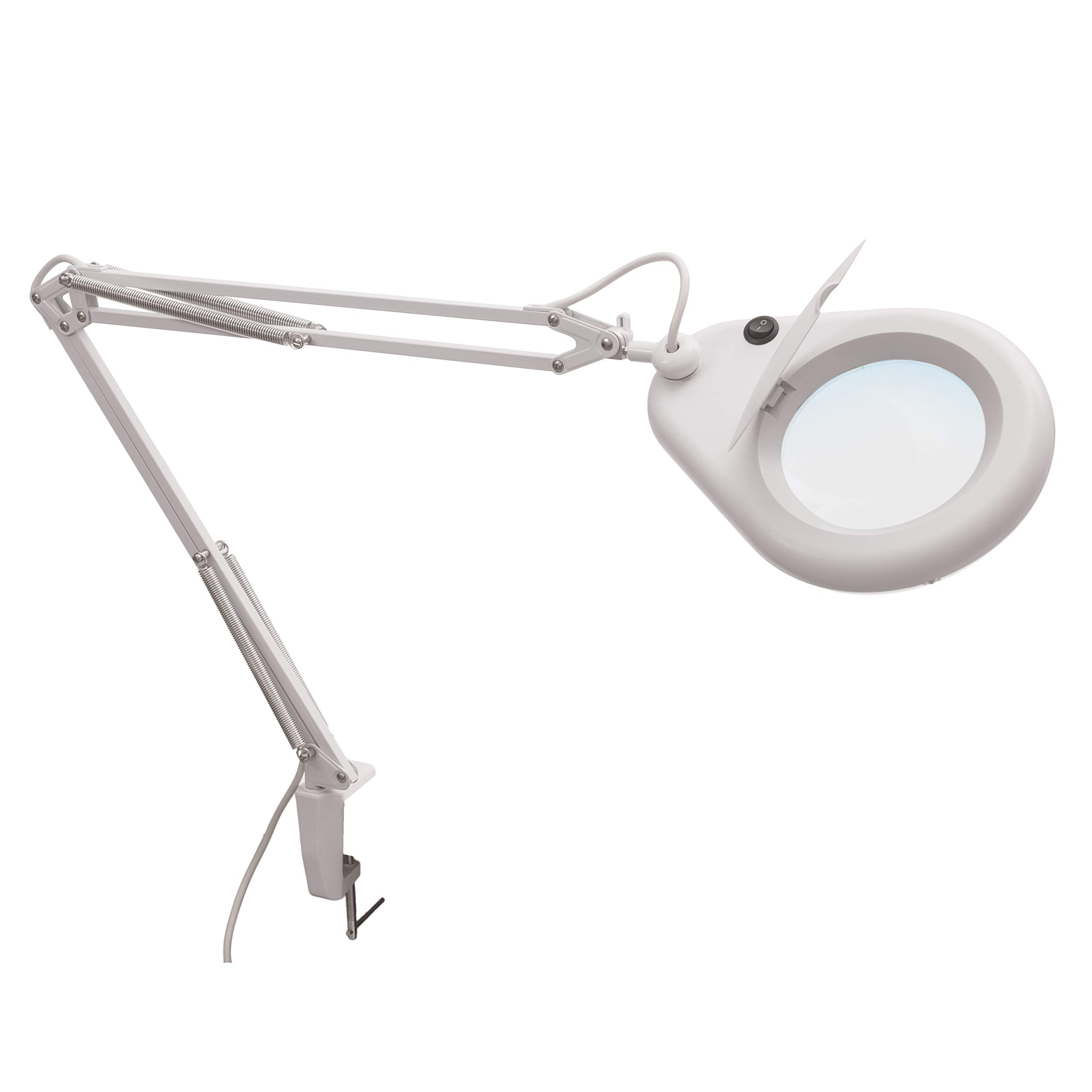 PURElite Circular LED Magnifying Lamp White, 10cm Optical Lens 2x Magnification, Daylight Desk Light with Metal Table Clamp, Mains Powered