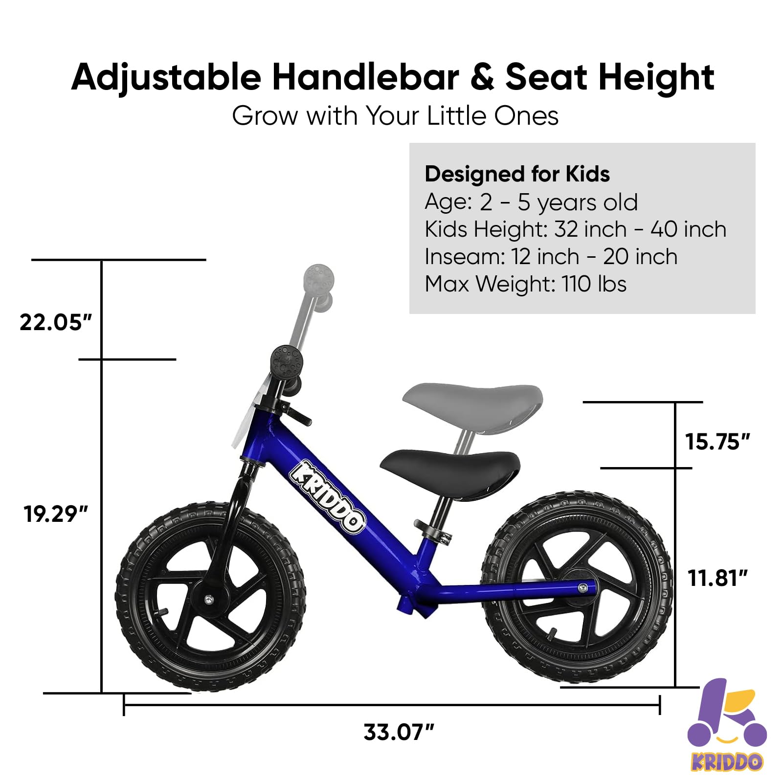 KRIDDO Balance Bike 2 Year Old, Toddler Toys for 2-3 Year Old Boys & Girls, 12 Inch Toddler Bike with Custom Name Plate & 3 Sticker Sets, Gift for Early Riders, Blue