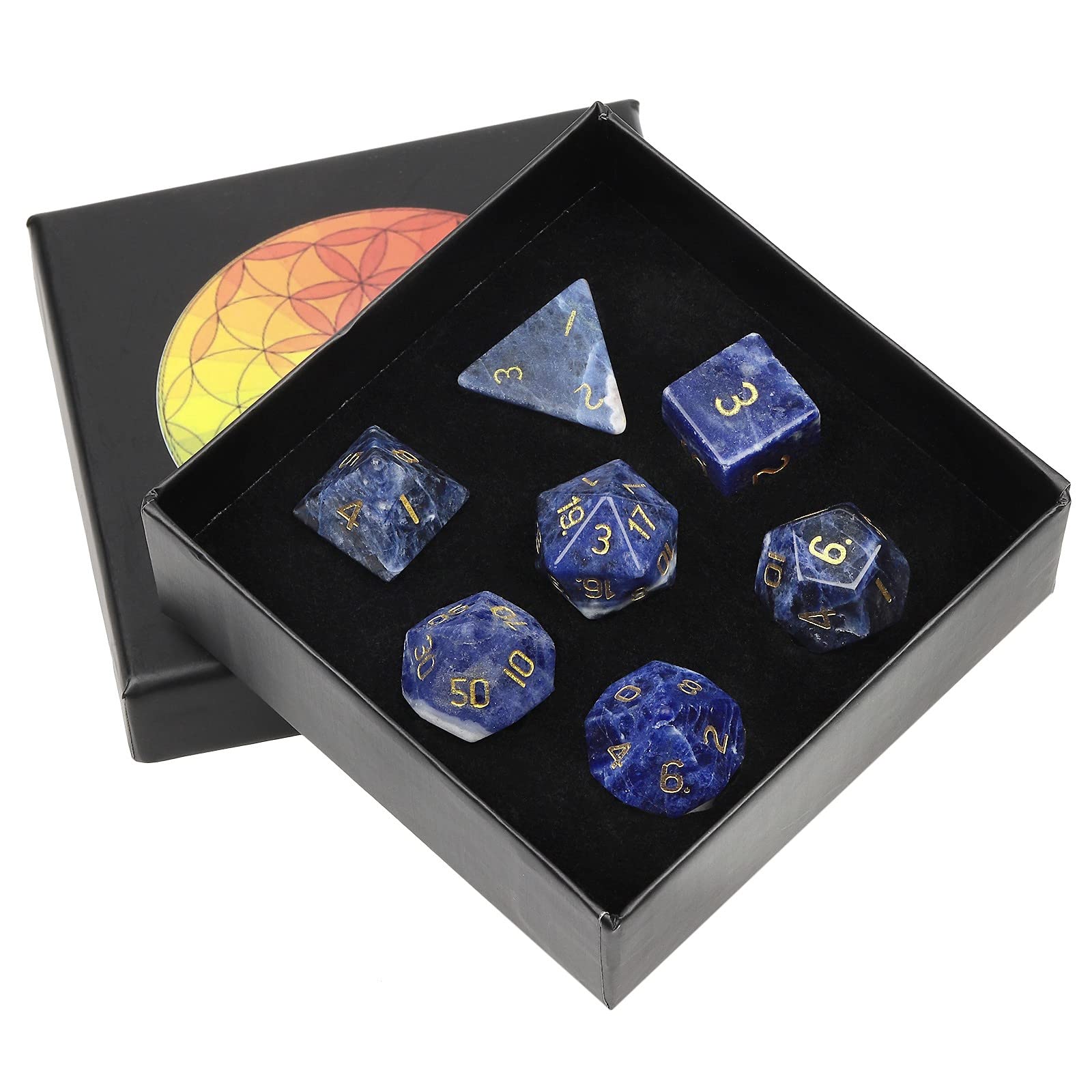 KYEYGWO Sodalite Crystal Stone Polyhedral Dice Set, 7 Pieces Gemstone Dice for Dungeons and Dragons RPG DND, DND Gifts for Men Women