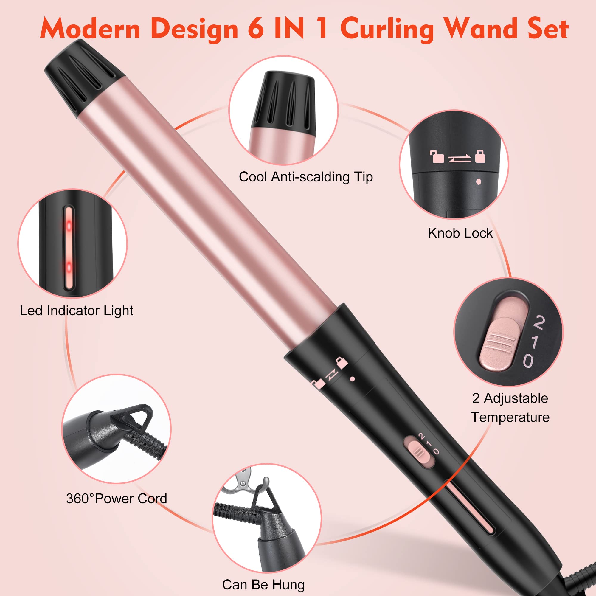 Curling Iron Set, USHOW 6 in 1 Curling Wand Set Hair Iron Kit Instant Heat Up Hair Curler with 6 Interchangeable Tourmaline Ceramic Barrels (0.35'' to 1.25'') Temperature Adjustments, with Gloves