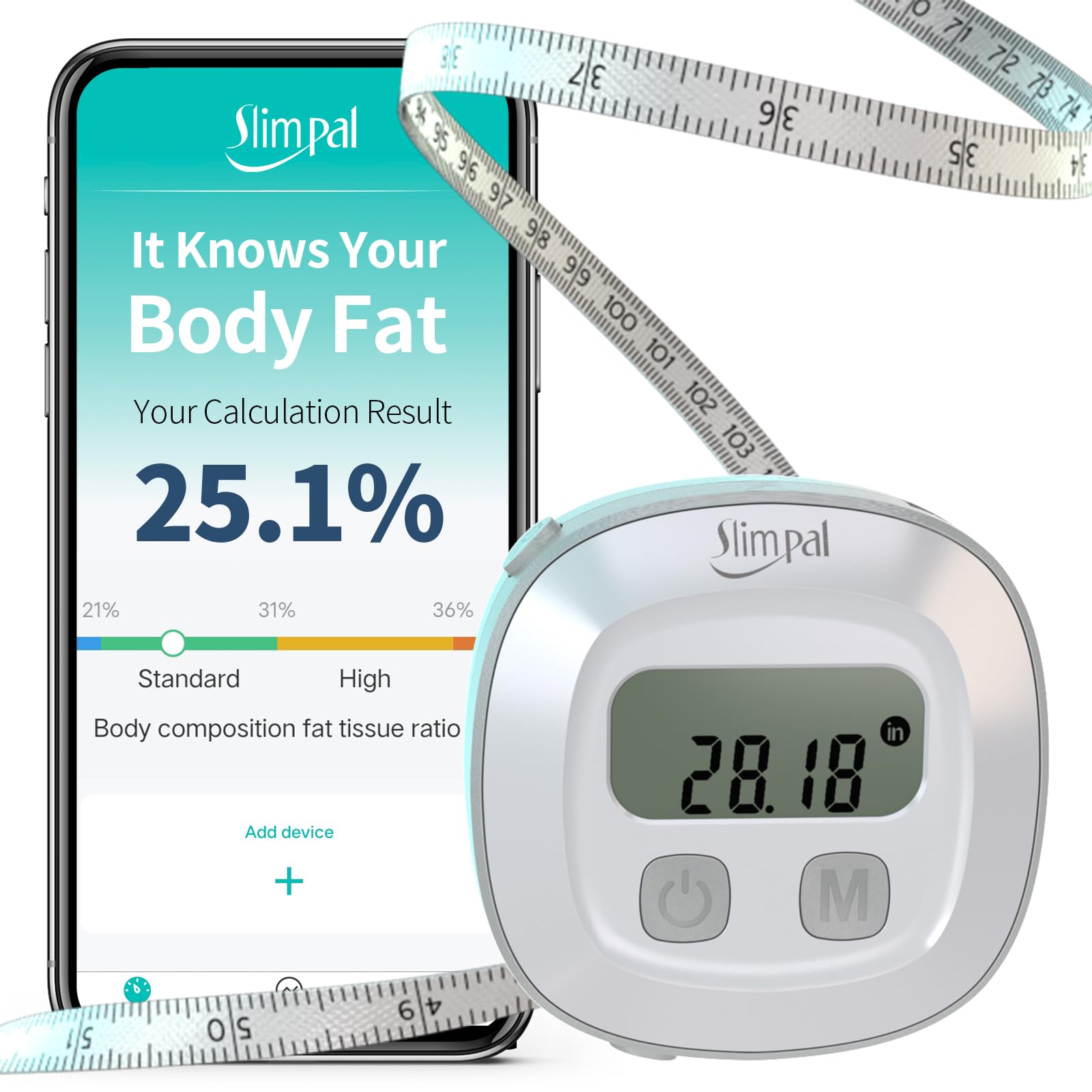 Slimpal Body Tape Measure, Body Fat Measurement Tool, Measuring Tape for Body, Digital Smart Retractable Waist Measuring Tape for Fitness Body Shape and Weight Loss