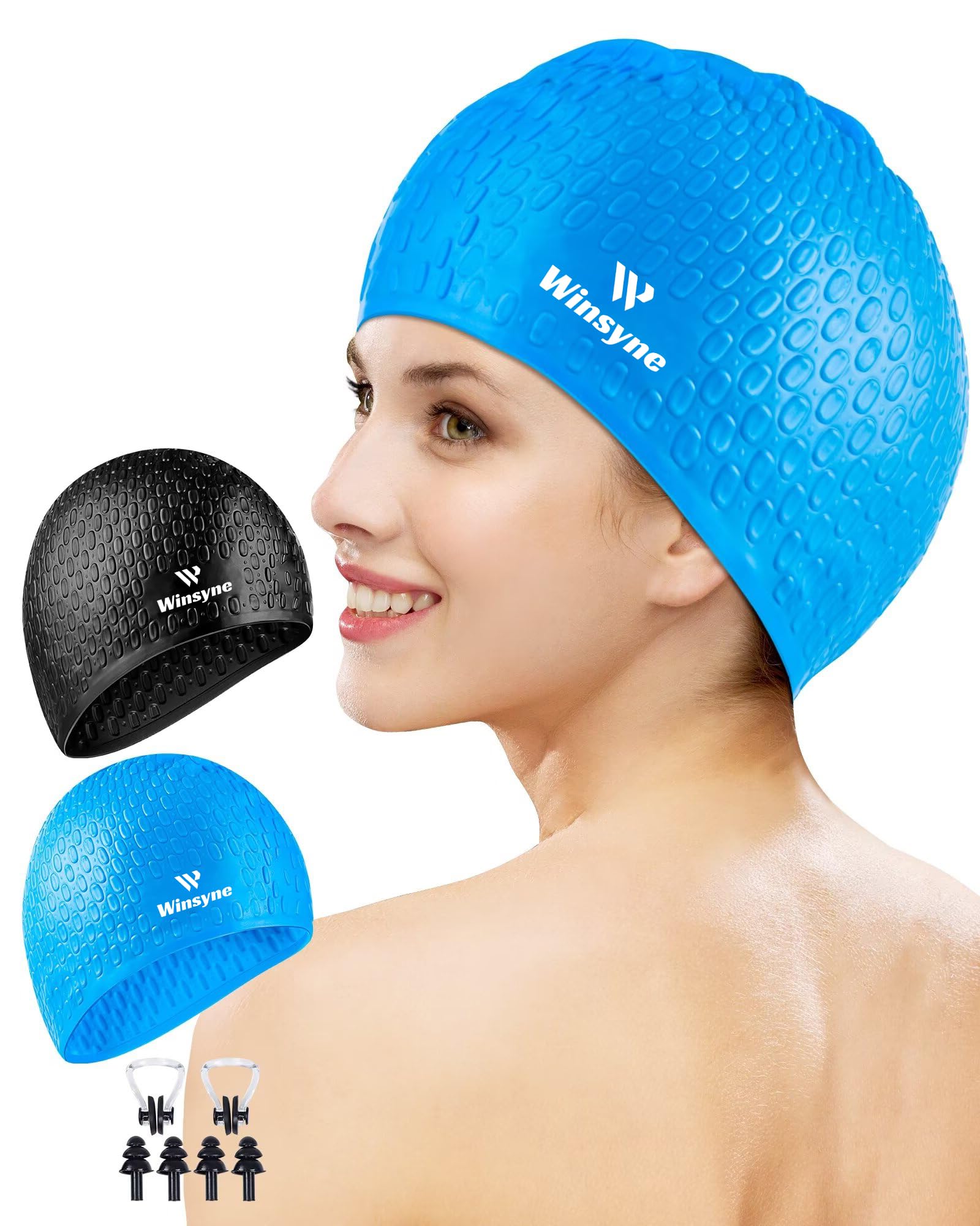Winsyne 2 Pack Unisex Silicone Swimming Cap for Women Men, Large Size Swimming Hat for Long Hair/Braids to Keep Hair Dry, Waterproof Swim Cap for Swimming with Ear Plugs & Nose Clip Set(Black&Blue)