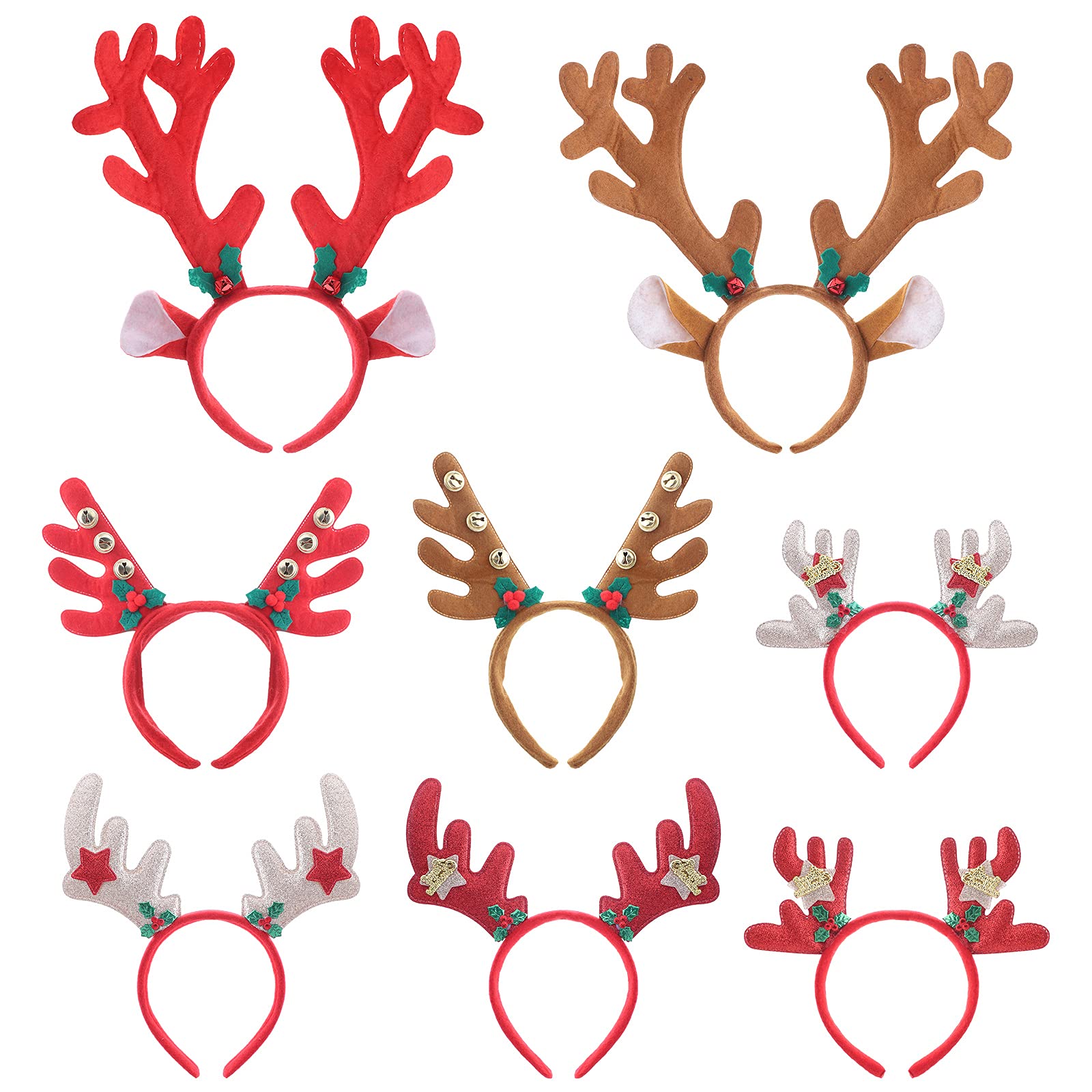 8 Pcs Reindeer Antler Headbands - Christmas & Xmas Hair Hoop Bands for Kids & Adults