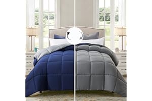 ELNIDO QUEEN® All-Season Reversible Down Alternative Quilted Comforter- Corner Duvet Tabs-Machine Washable-Duvet Insert or Stand – Alone Lightweight Comforter- Navy Blue/Gray - Twin Size(64×88 Inch)
