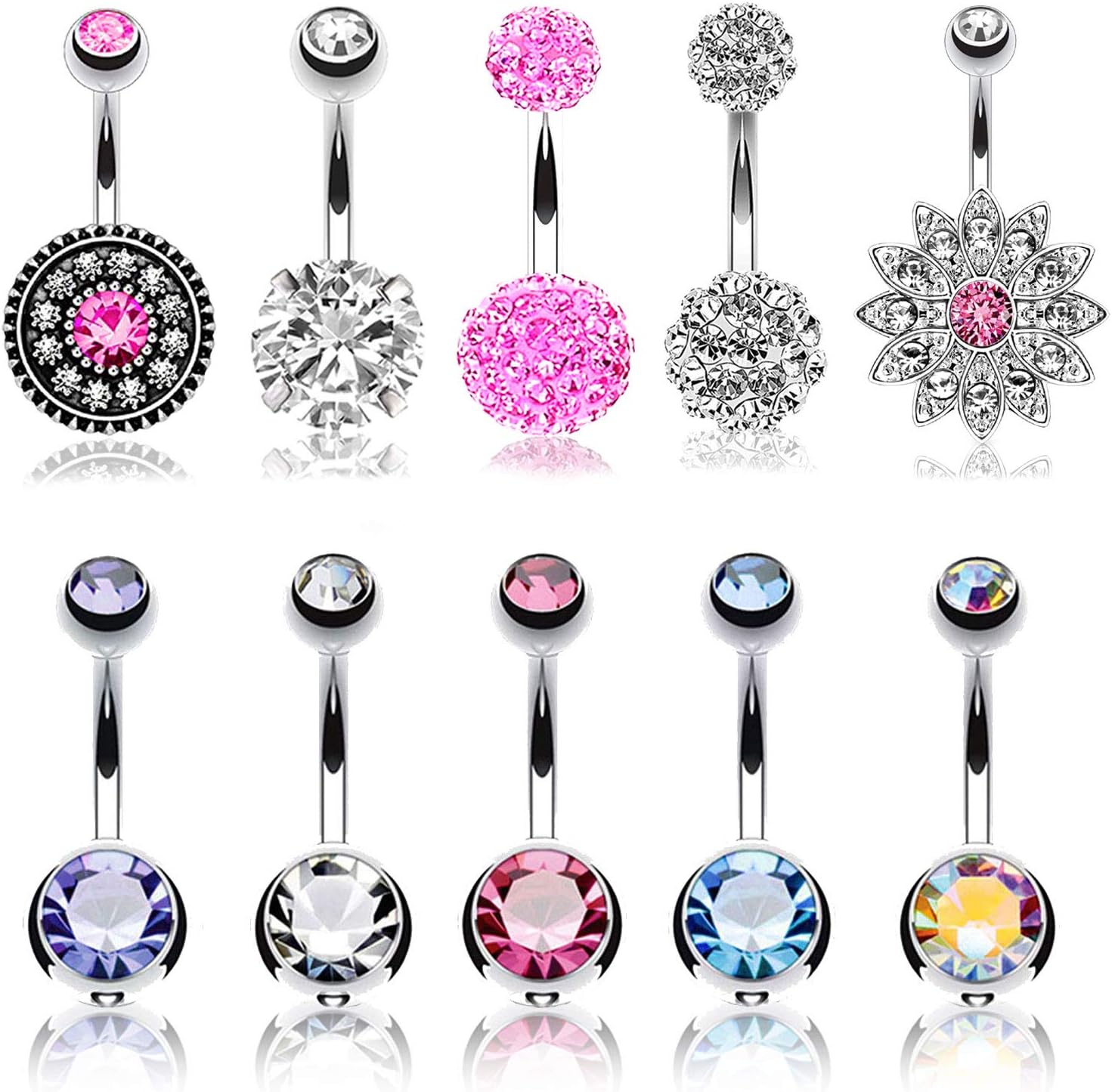 BodyJ4You 10PC Belly Button Ring Flower Disco Ball Pink CZ Steel 14G Navel Body Piercing Jewelry