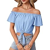 Vrtige Women's Tie Knot Front Blouse Ruched Off Shoulder Short Sleeve Crop Top