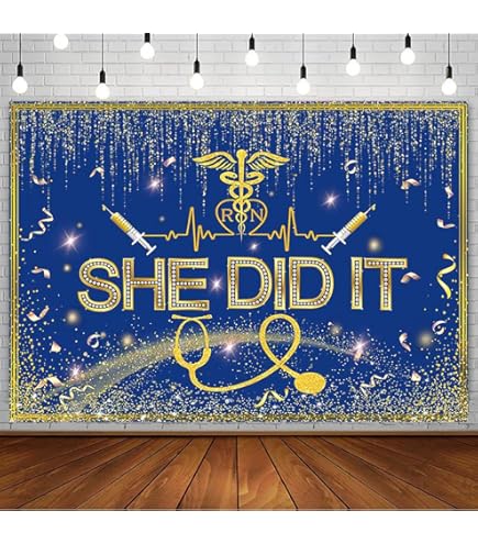 AIBIIN 7x5ft Nurse Graduation Backdrop She Did It Congratulations Graduates Blue Gold Glitter Photography Background Congrats Grads Class Of 2025 Prom Party Decorations Banner Photo Studio Props