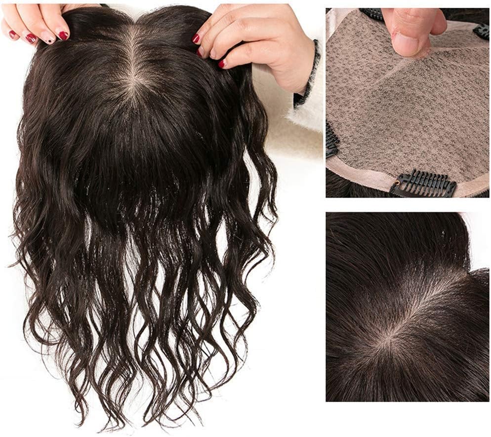 GONGFF Hair Clip in Toppers Natural Curly, Free Parting 5.5" x 6.3" Large Silk Base Crown Topper for Women with Thinning Hair, 14" Natural Black