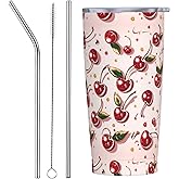 FyLybois Cherry Tumbler with Lid and Straw 20 oz Travel Coffee Mug Double Walled Vacuum Insulated Cup LeakProof for Hot and Cold Drinks