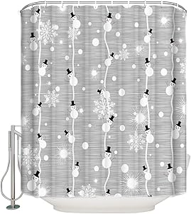 Merry Christmas Shower Curtain, Snowman and Snowflake on Grey Background Digital Print, Fabric Bathroom Decor with Hooks, 72 x 72 inches