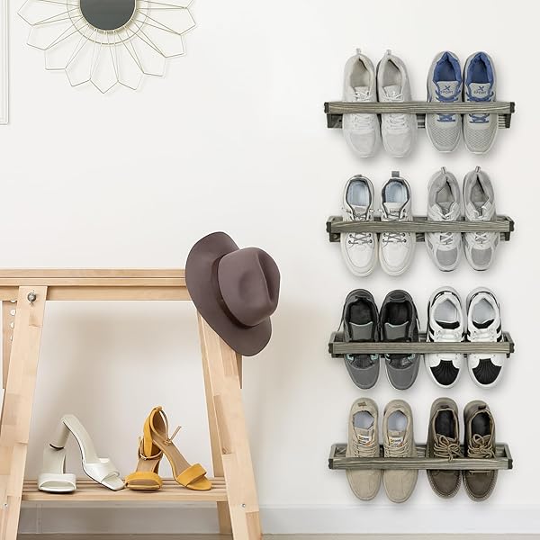MYGIFT SET OF 4 VINTAGE GRAY SOLID WOOD HANGING SHOE STORAGE ORGANIZER RACKS, WALL MOUNTED SPACE SAVING FOOTWEAR HOLDER FOR CLOSET, MUDROOM, ENTRYWAY, HOLDS 8 PAIRS