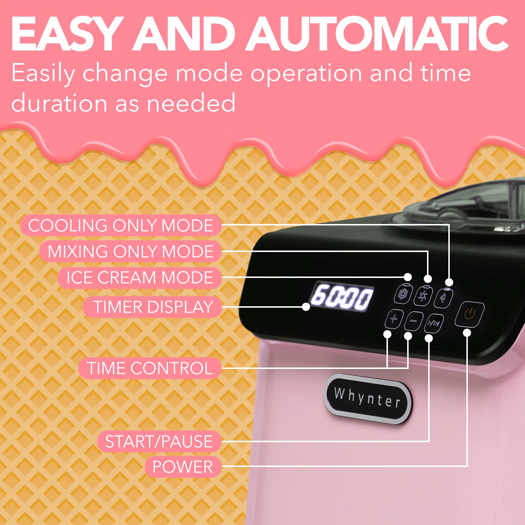 Whynter Ice Cream Maker Machine Automatic 1.28 Qt Upright with Built-In Compressor, LCD Digital Display & Timer, No Pre-Freezing, ICM-128BPS, Black/Pink