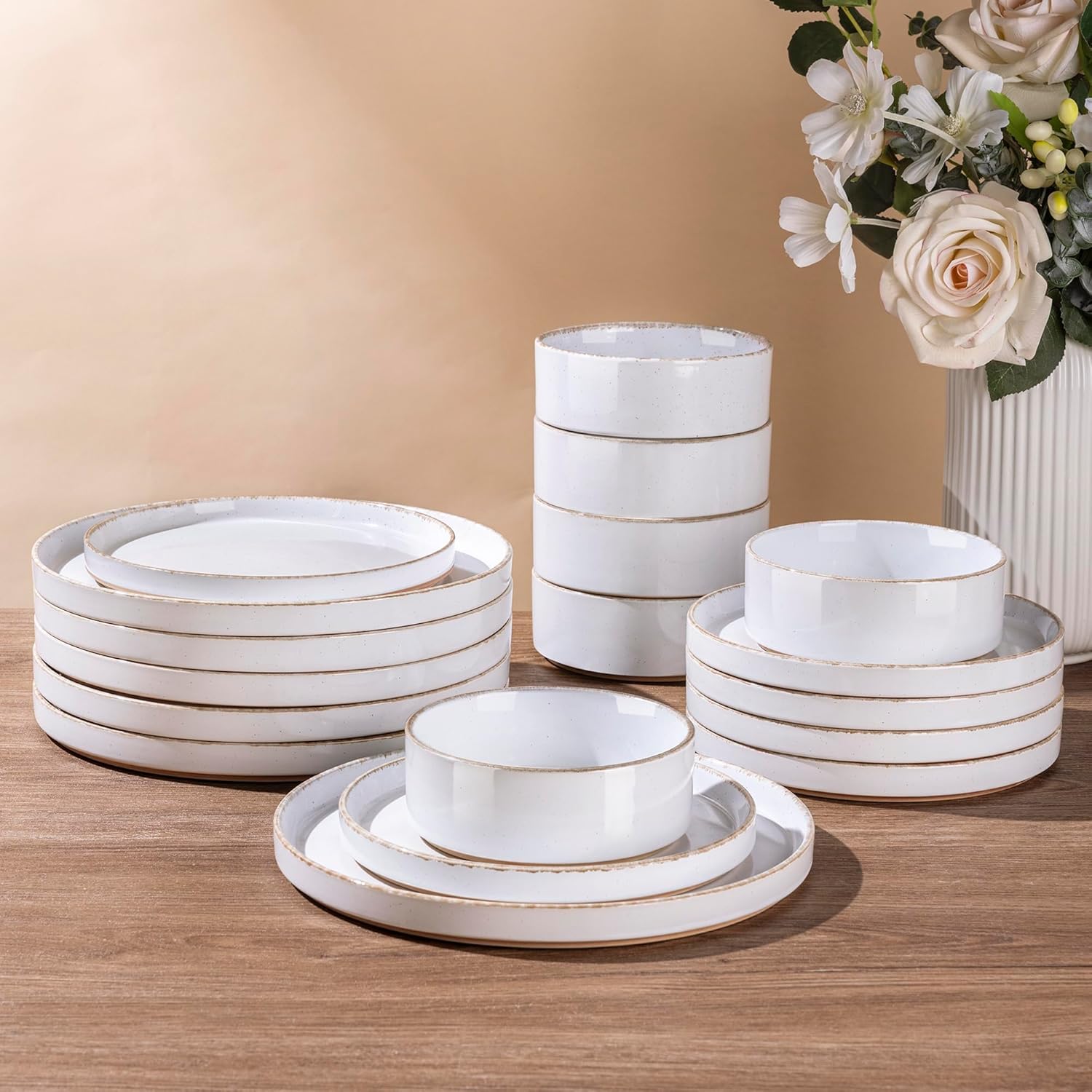 AmorArc Ceramic Dinnerware Sets for 4, 12 Pieces Handpainted Plates and Bowls Set with Rustic Terracotta Underside, Scratch Resistant Stoneware Dishes Set, Dishwasher & Microwave Safe Image