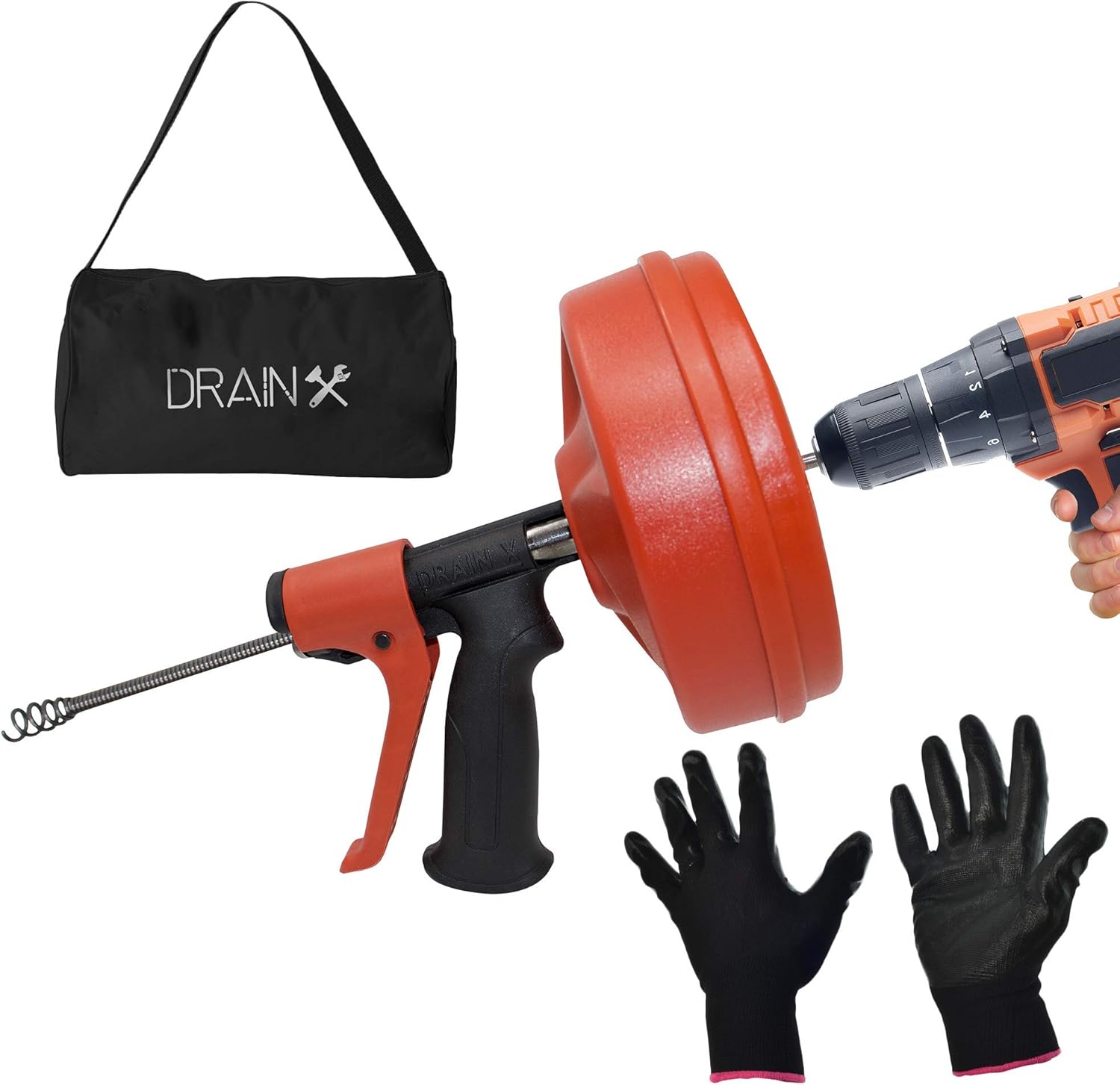 DrainX SPINFEED 25 Foot Drum Auger | Use Manually or Drill Powered - Auto Extend and Retract Snake | Work Gloves and Storage Bag Included