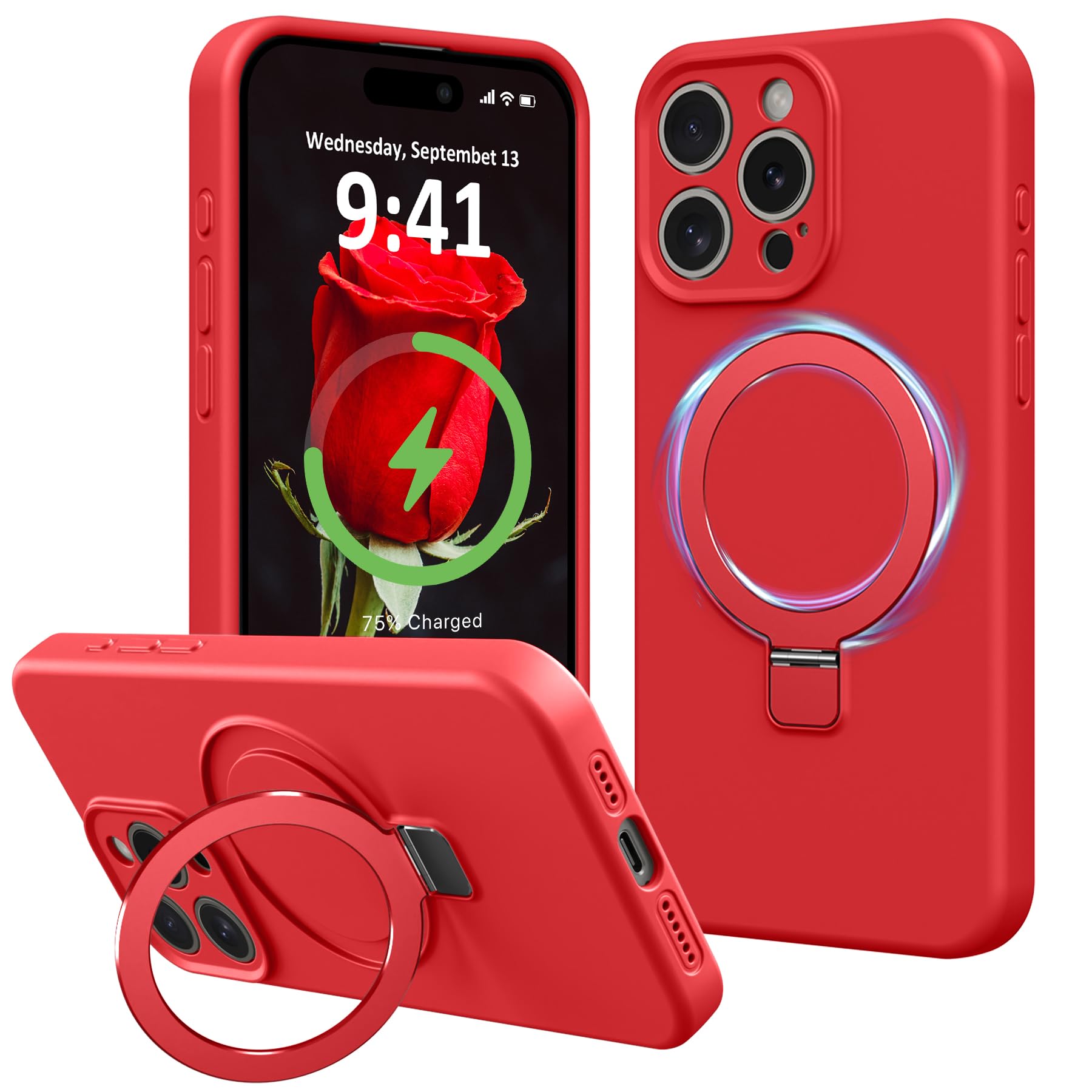 Photo 1 of Vanxiliiy Compatible with iPhone 15 Pro Case with Stand, Full Camera Protection Slim Liquid Silicone Phone Cases Fit for iPhone 15 Pro Compatible with MagSafe Magnetic Ring Kickstand Case 6.1", Red