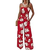 AUXDIO Womens Casual Strapless Summer Jumpsuits Loose Off Shoulder Smocked Sleeveless Wide Leg Romper with Pockets