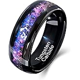 Edulex Black Tungsten Ring for Men Women, 8mm 4mm Rhodium Plated Blue Purple Nebula Galaxy Fragments Opal Inlay Promise Engagement Wedding Band Jewelry Gifts