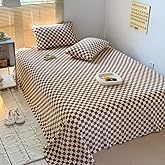 Wellboo Pumpkin and White Plaid Bed Sheets Queen Light Brown Checkerboard Grid Flat Sheets Modern Boho Beige White Mini Plaid Fitted Sheet Women Men Khaki Plaid Bedding Sheet with 2 Pillowcases 4 PCS