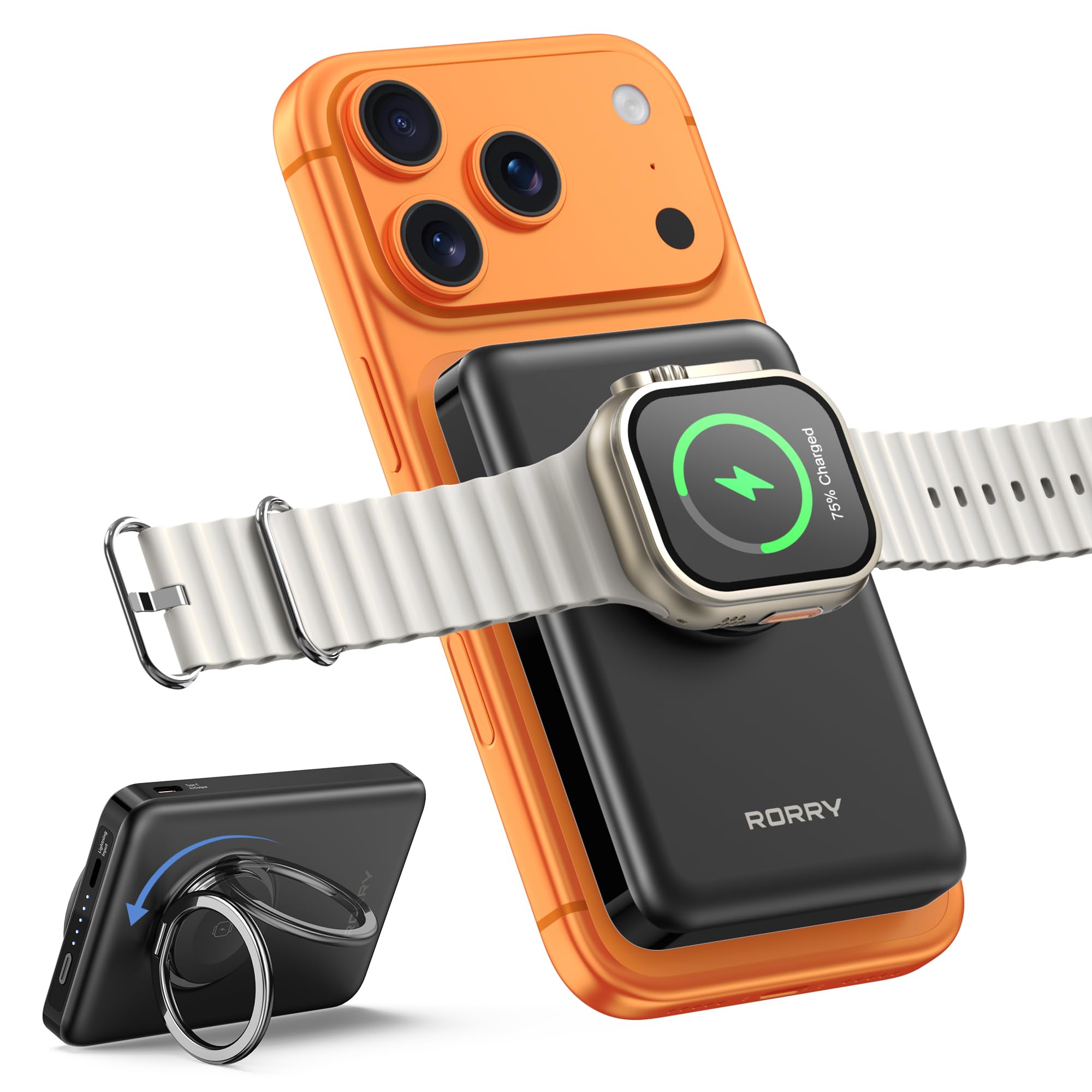 RORRY モバイルバッテリー magsafe対応 小型 軽量 (10000mAh 15W 1.8cm薄型) アップルウォッチ 充電器 マグセーフ マグネット式 (スマホリング付き/スタンド・回転可能) For Apple Watch 急速/タイプC PD22.