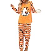 HOXIJIA Women Halloween Pajama Set Casual Pumpkin Graphic Ghost Striped Boho Loungewear Set Comfy Long Sleeve Sleepwear