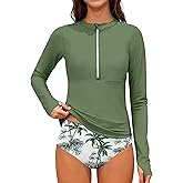 ADIFUN Girls Rash Guard Swimsuit Half-Zip Long Sleeve Modest Bathing Suit with Chest Padding 2Pcs Teen Girl Swimwear UPF 50+